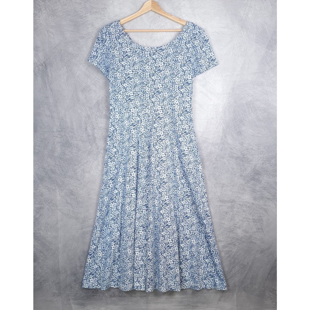 Vintage Lanz Dress Womens L/XL Blue White Floral Cut Out Back Romantic Cottage